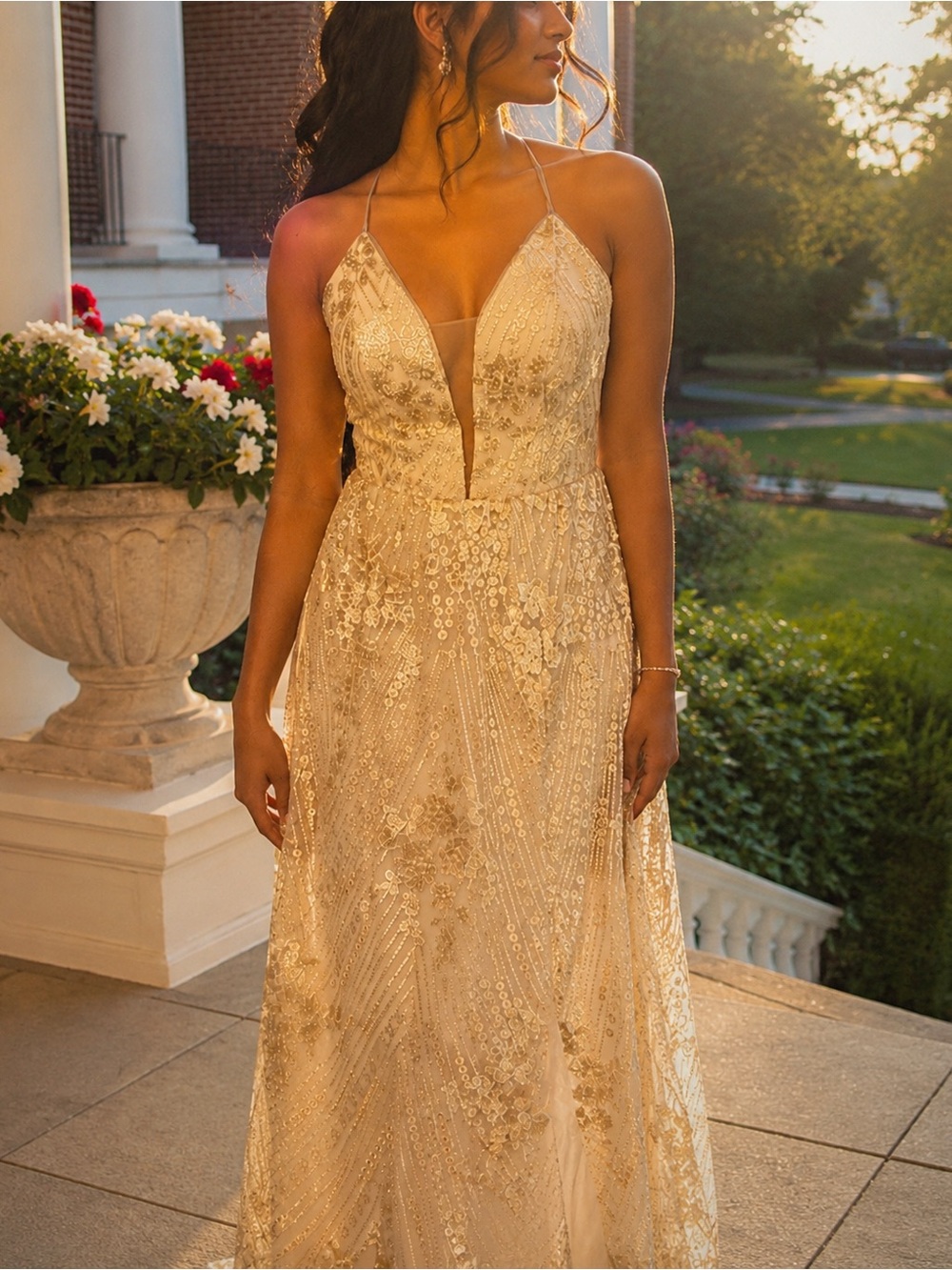 Galina Signature Gold Sequin Beaded Deep V Prom Dress